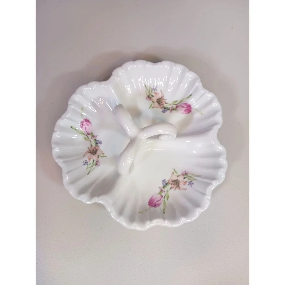 Vintage Porcelain Candy Dish Floral Ring Handle Trinket Vanity Bowl Shabby Chic
